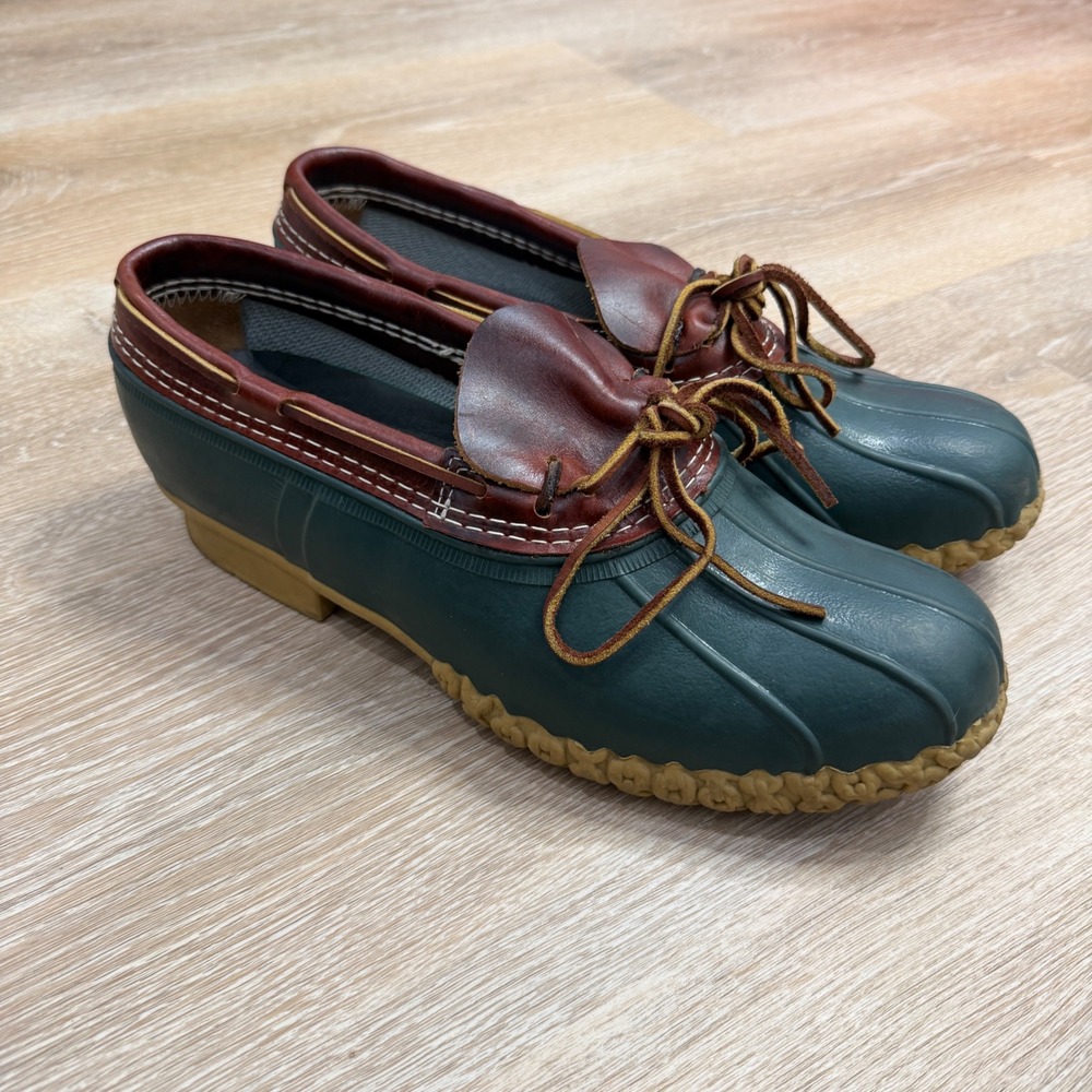 LL Bean Rubber Moccasins Mens 11 Hunter Green Brown Leather Duck Shoes USA Made